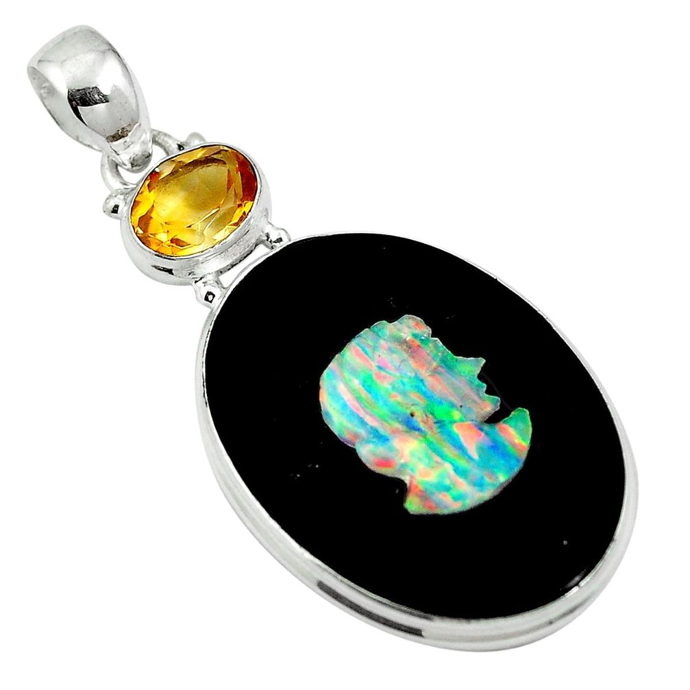 925 silver natural black cameo opal on onyx yellow citrine pendant d27058