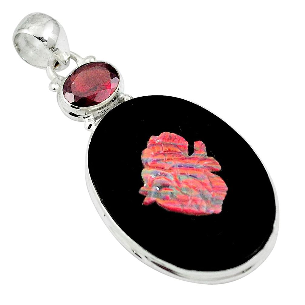 Natural black cameo opal on onyx red garnet 925 silver pendant d27059