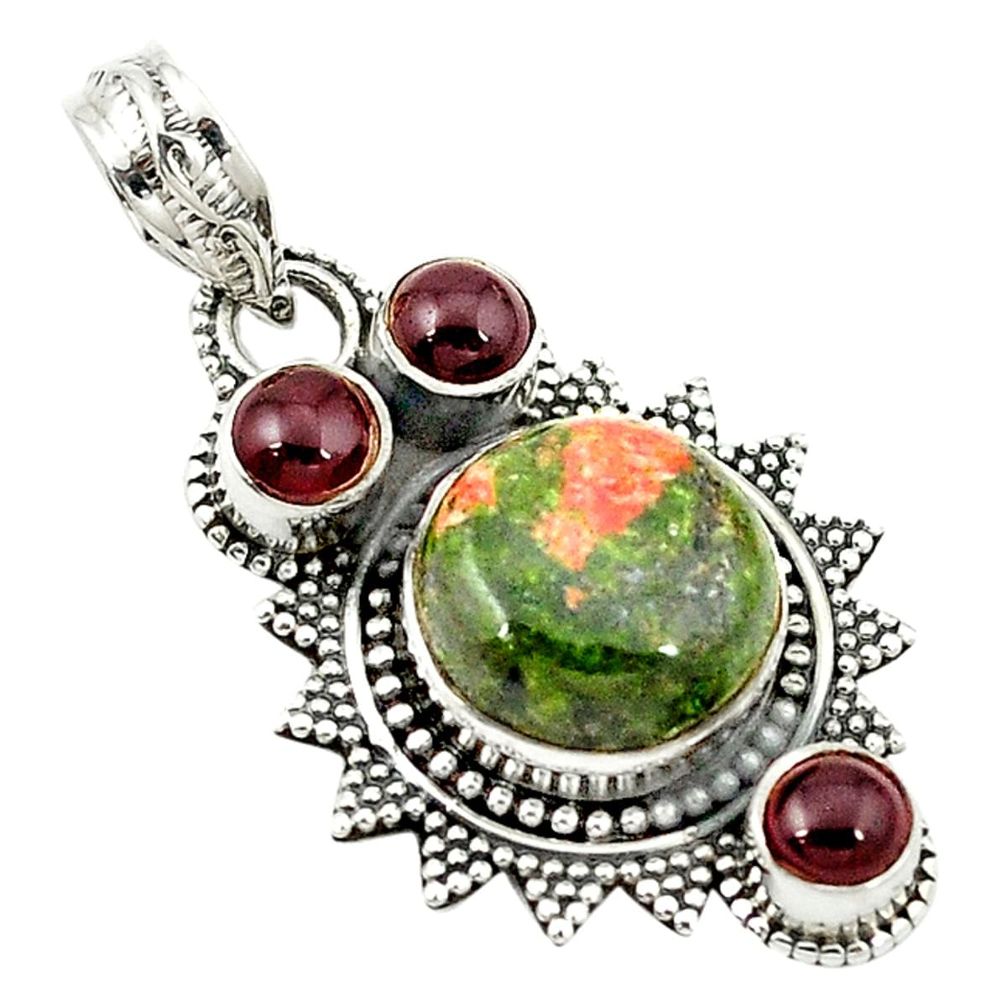 Natural green unakite red garnet 925 sterling silver pendant jewelry d2707