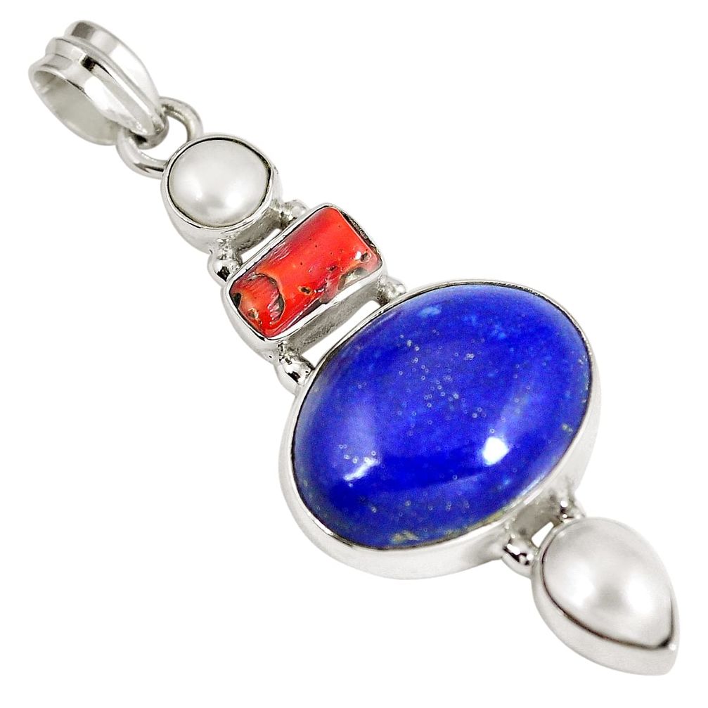 Natural blue lapis lazuli coral 925 sterling silver pendant d27075