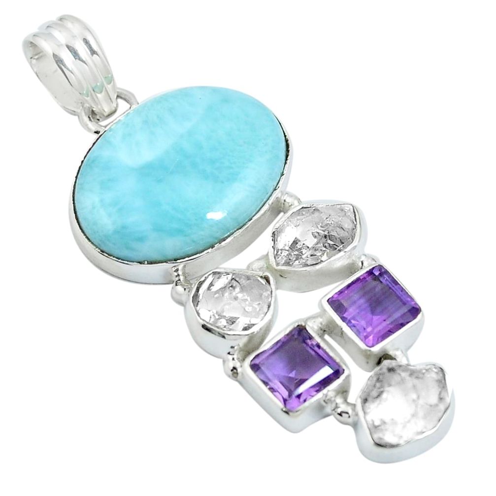 Natural blue larimar herkimer diamond 925 silver pendant jewelry d27096