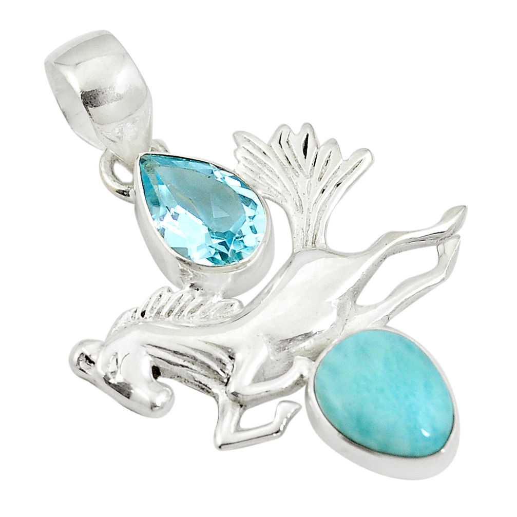 Natural blue larimar topaz 925 sterling silver horse charm pendant d27102