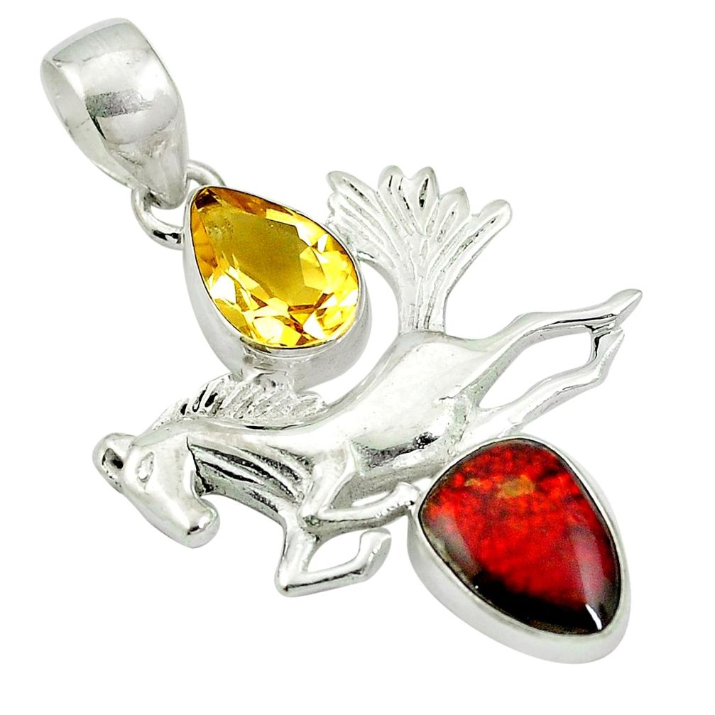 Natural ammolite (canadian) citrine 925 silver horse charm pendant d27120