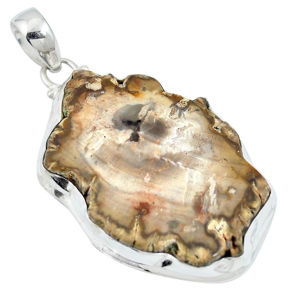 Natural brown petrified palm wood 925 sterling silver pendant d27124