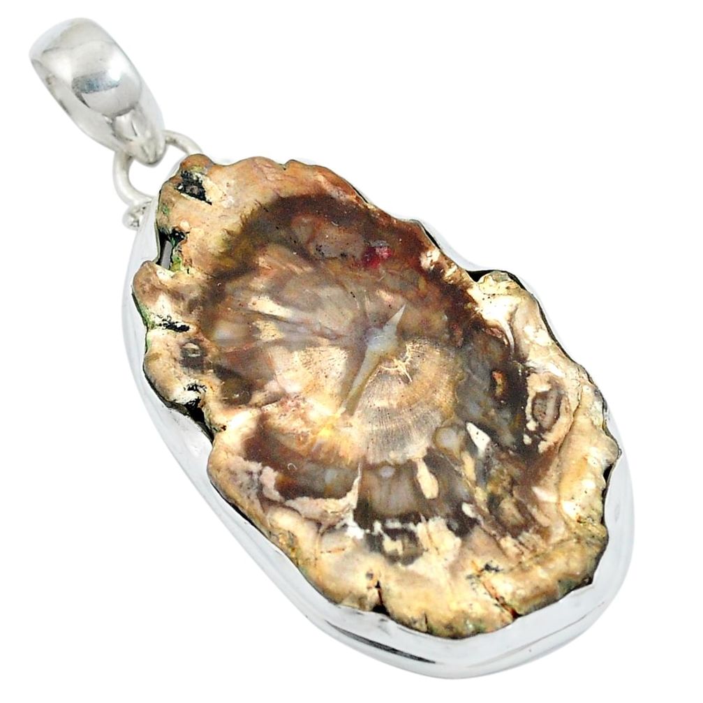 Natural brown petrified palm wood 925 sterling silver pendant d27125