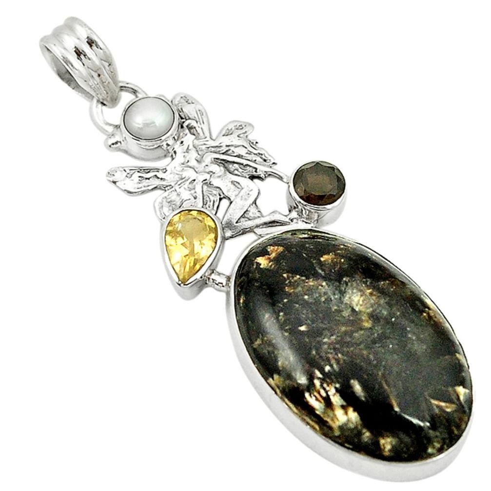 Natural black seraphinite (russian) pearl citrine 925 silver pendant d2723