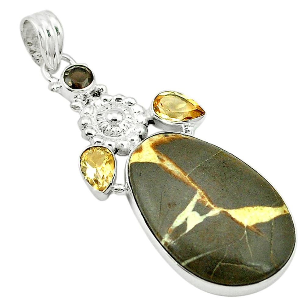 Natural brown septarian gonads smoky topaz 925 sterling silver pendant d2793