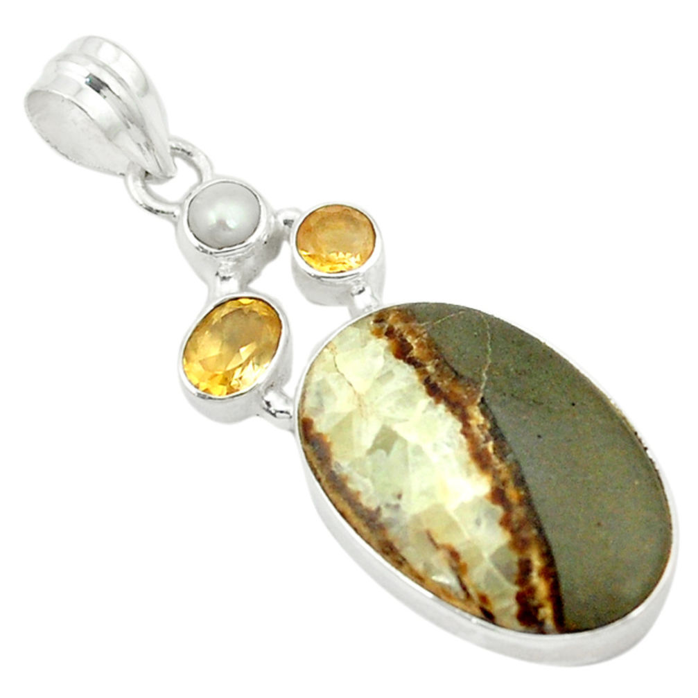 Natural brown septarian gonads citrine pearl 925 sterling silver pendant d2799