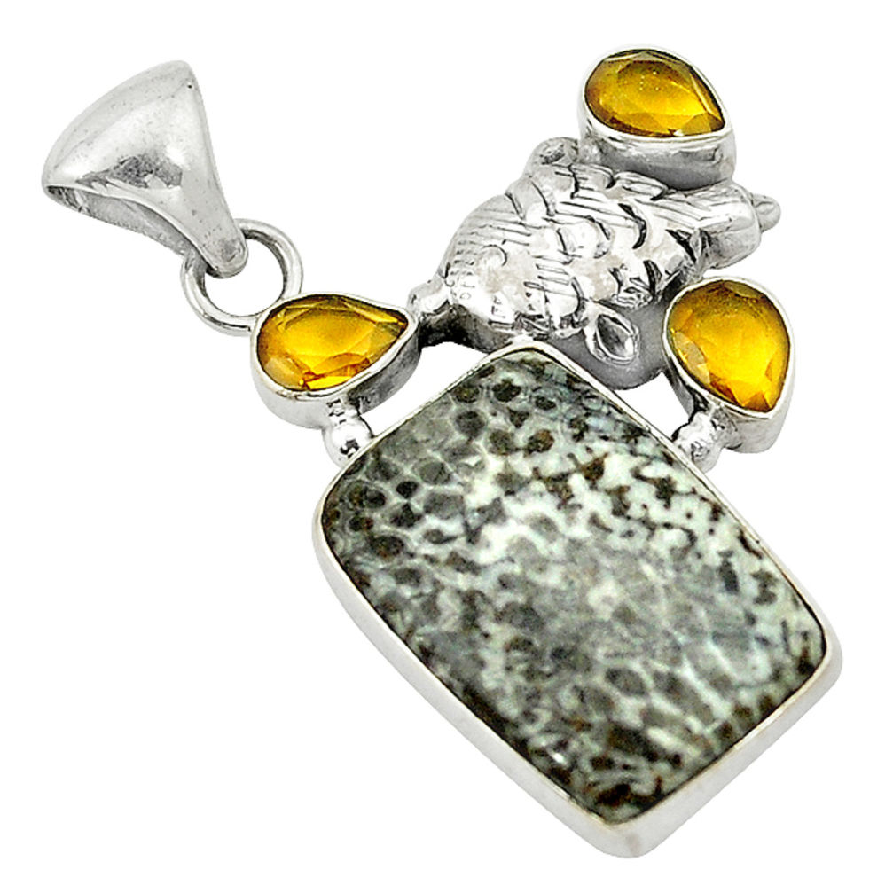 Natural black stingray coral from alaska citrine 925 silver pendant d2802