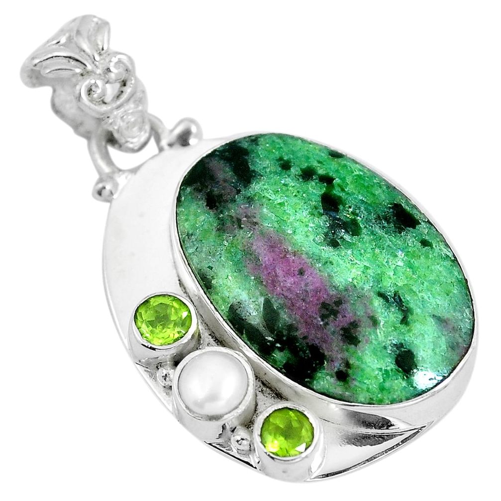 925 sterling silver natural green ruby zoisite peridot pearl pendant d28084