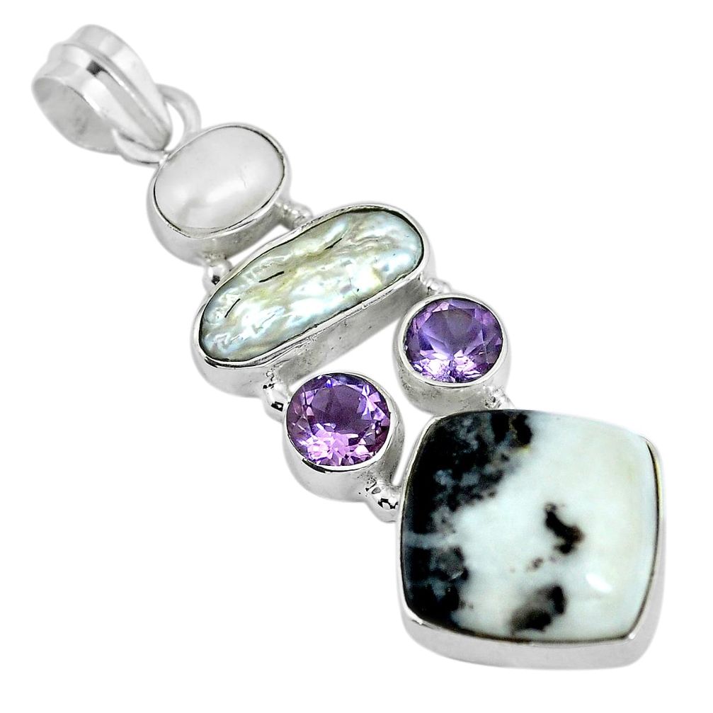 Natural black zebra jasper amethyst 925 sterling silver pendant d28091