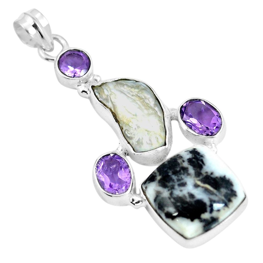 Natural black zebra jasper amethyst 925 sterling silver pendant d28093