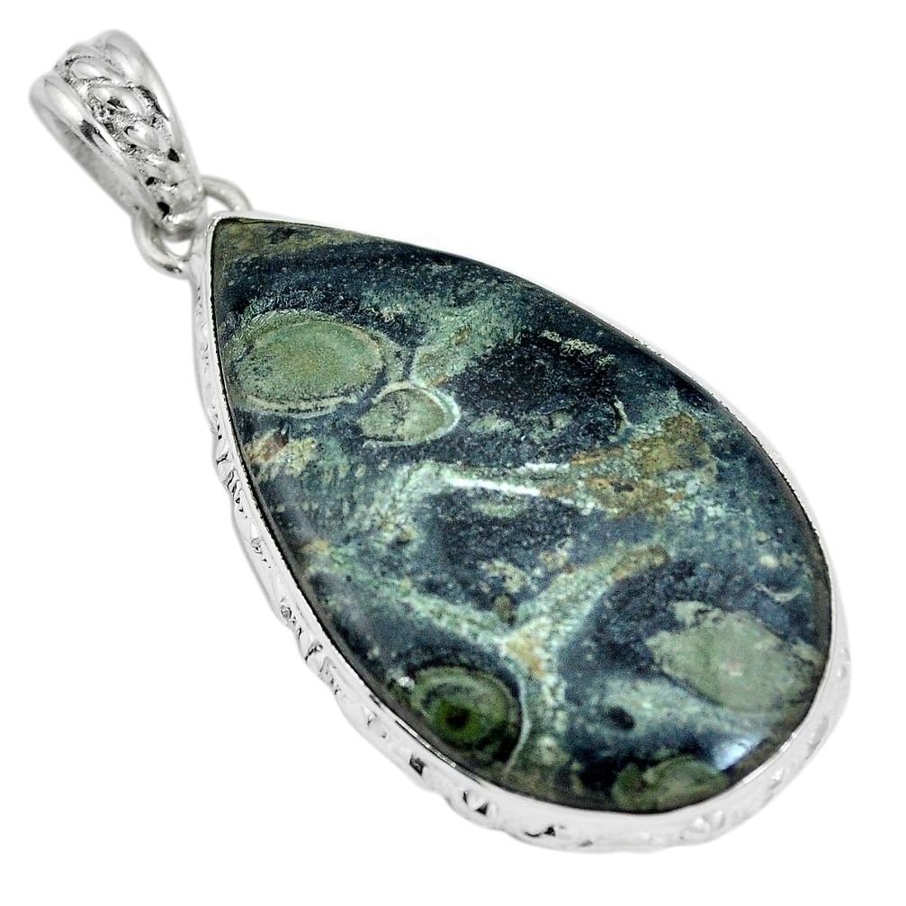 925 silver natural green kambaba jasper (stromatolites) pear pendant d28112