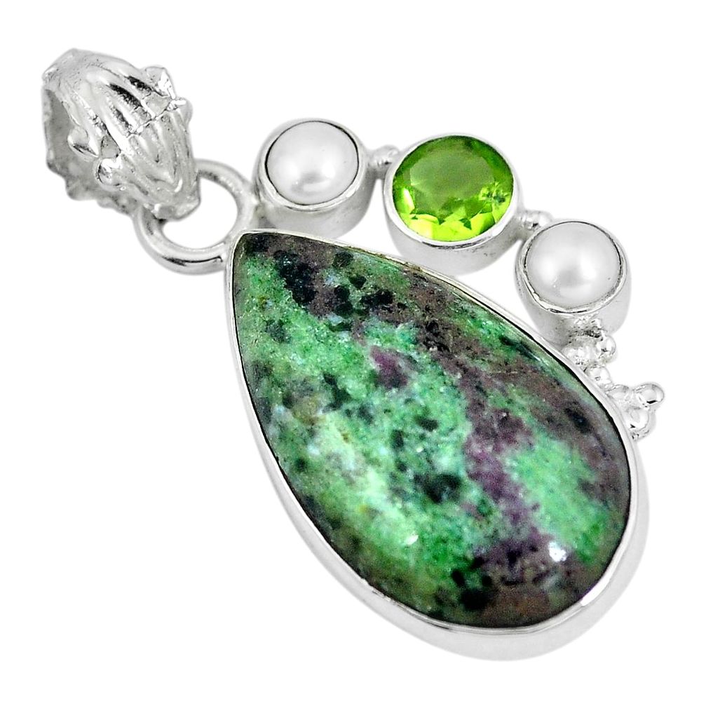 925 sterling silver natural green ruby zoisite peridot pearl pendant d28116