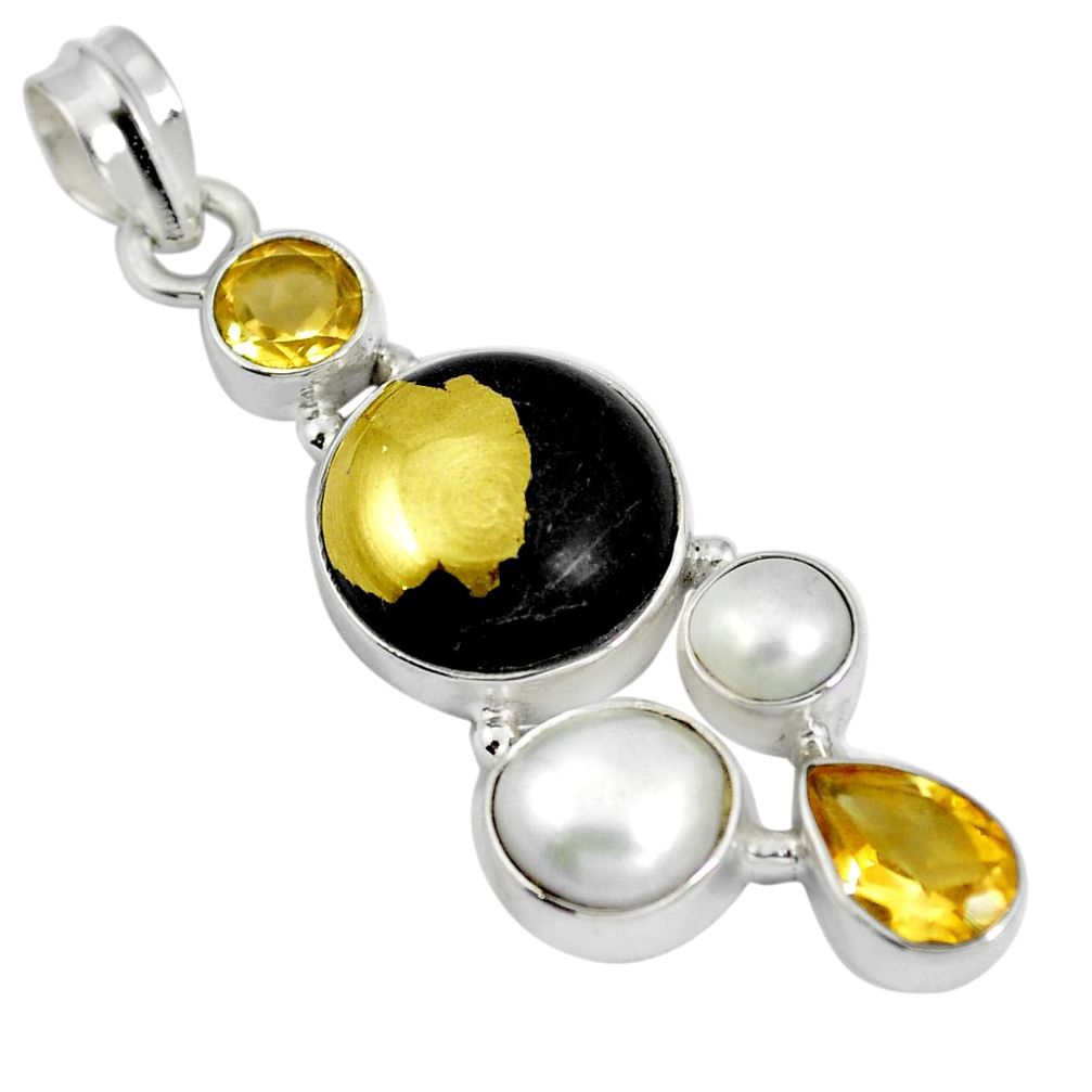 Natural golden pyrite in magnetite (healer's gold) 925 silver pendant d28185