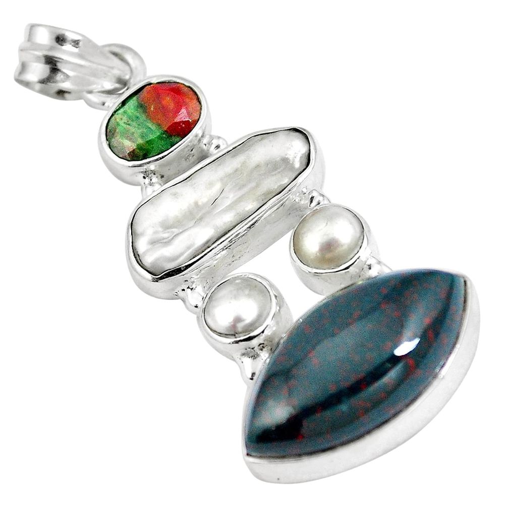 925 silver natural green bloodstone african (heliotrope) pearl pendant d28200