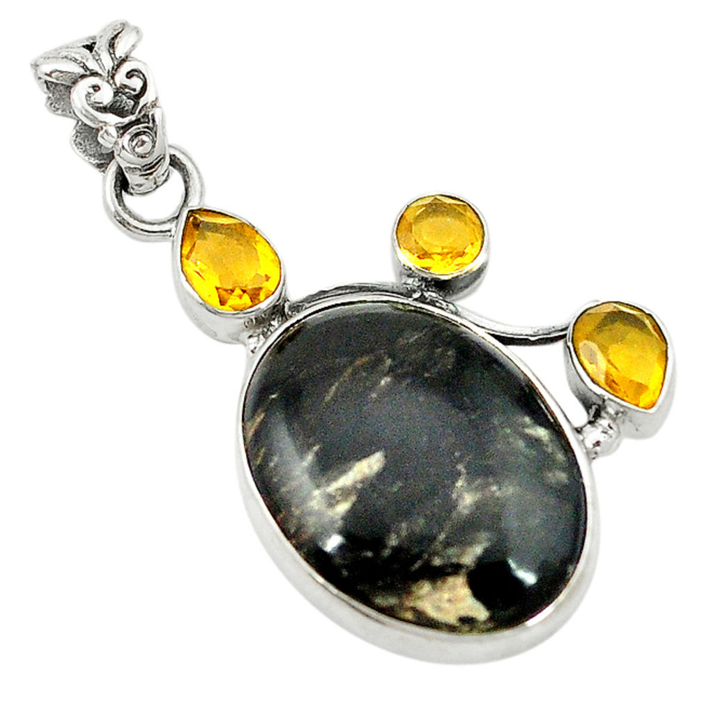 Natural black seraphinite (russian) citrine 925 sterling silver pendant d2821