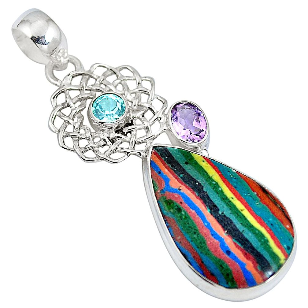 Natural multi color rainbow calsilica amethyst 925 silver pendant d28221