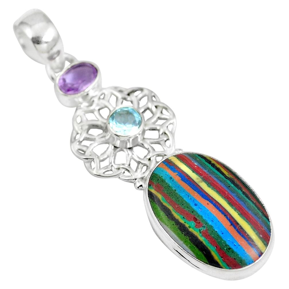 Natural multi color rainbow calsilica amethyst 925 silver pendant d28223