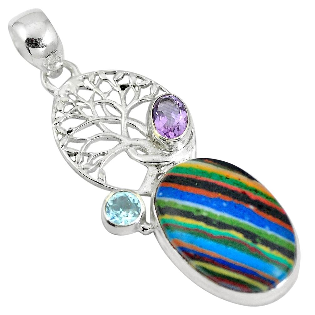 Natural multi color rainbow calsilica 925 silver tree of life pendant d28225