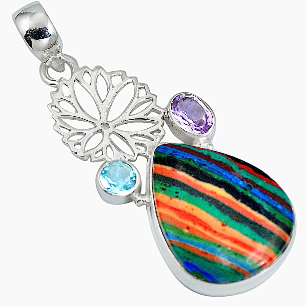 Natural multi color rainbow calsilica amethyst 925 silver pendant d28227