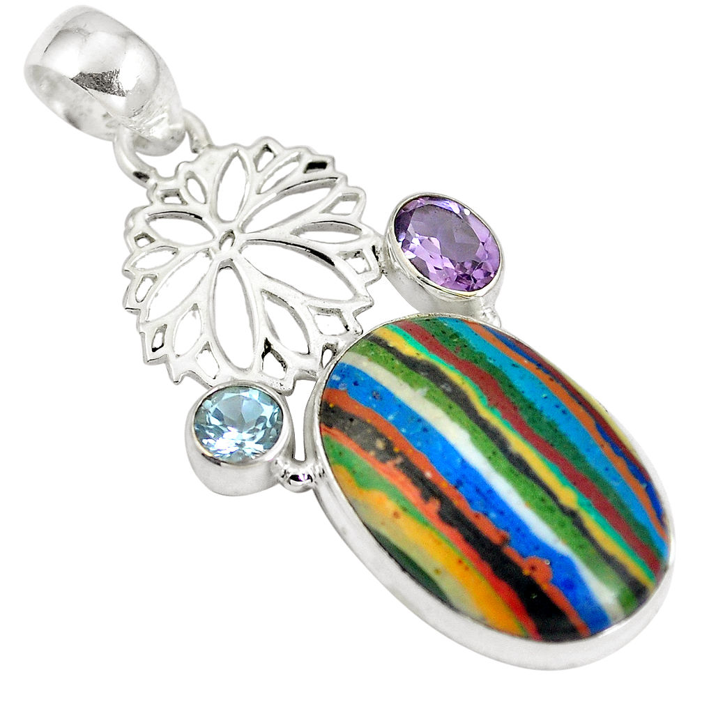 Natural multi color rainbow calsilica amethyst 925 silver pendant d28229