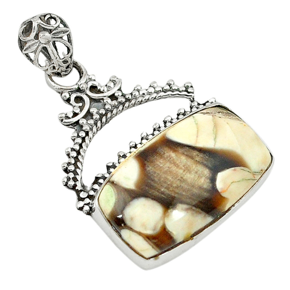 Natural Brown Peanut petrified wood fossil 925 sterling silver pendant d2825