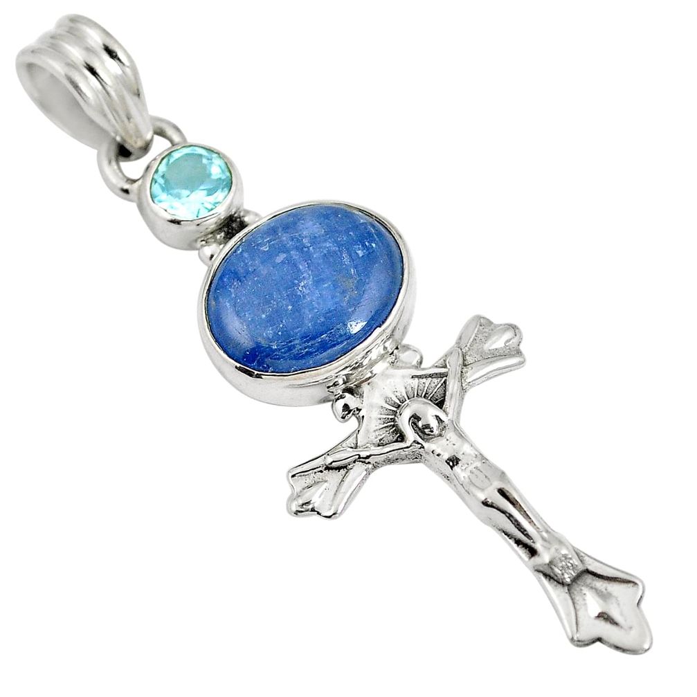 Natural blue kyanite topaz 925 sterling silver holy cross pendant d28253