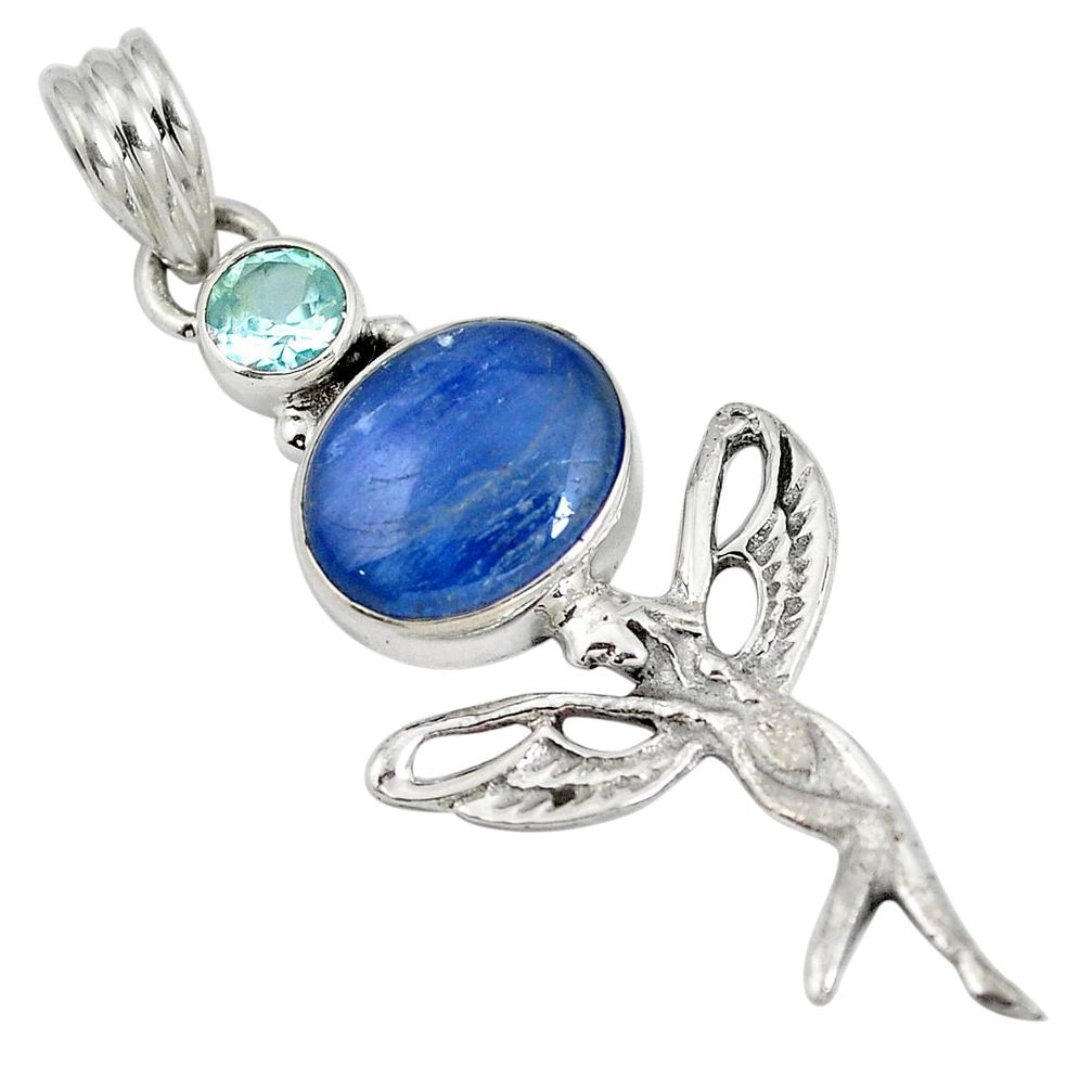 Natural blue kyanite topaz 925 silver angel wings fairy pendant d28256