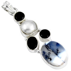 Clearance Sale- Natural white dendrite opal (merlinite) onyx 925 silver pendant d28281