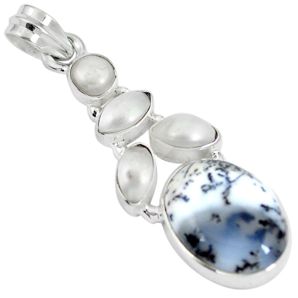 Natural white dendrite opal (merlinite) pearl 925 silver pendant d28282