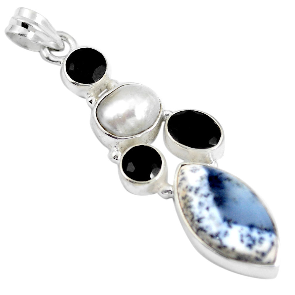 Natural white dendrite opal (merlinite) onyx 925 silver pendant d28283