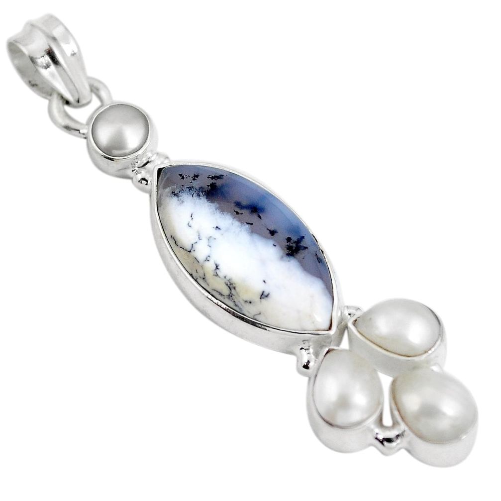 Natural white dendrite opal (merlinite) pearl 925 silver pendant d28286