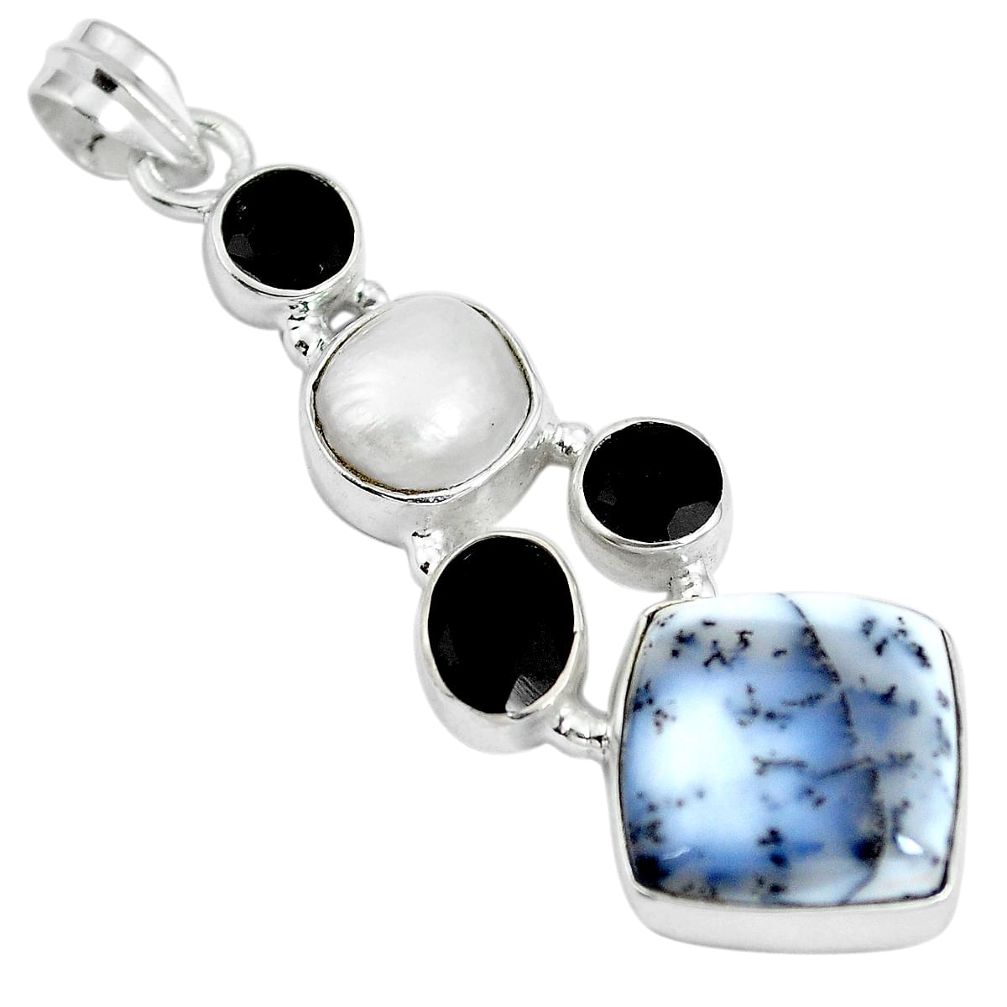 Natural white dendrite opal (merlinite) onyx 925 silver pendant d28289