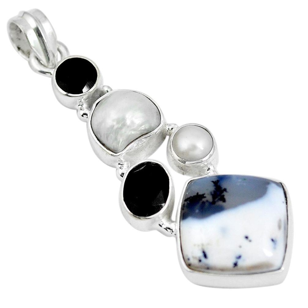 Natural white dendrite opal (merlinite) onyx 925 silver pendant d28290