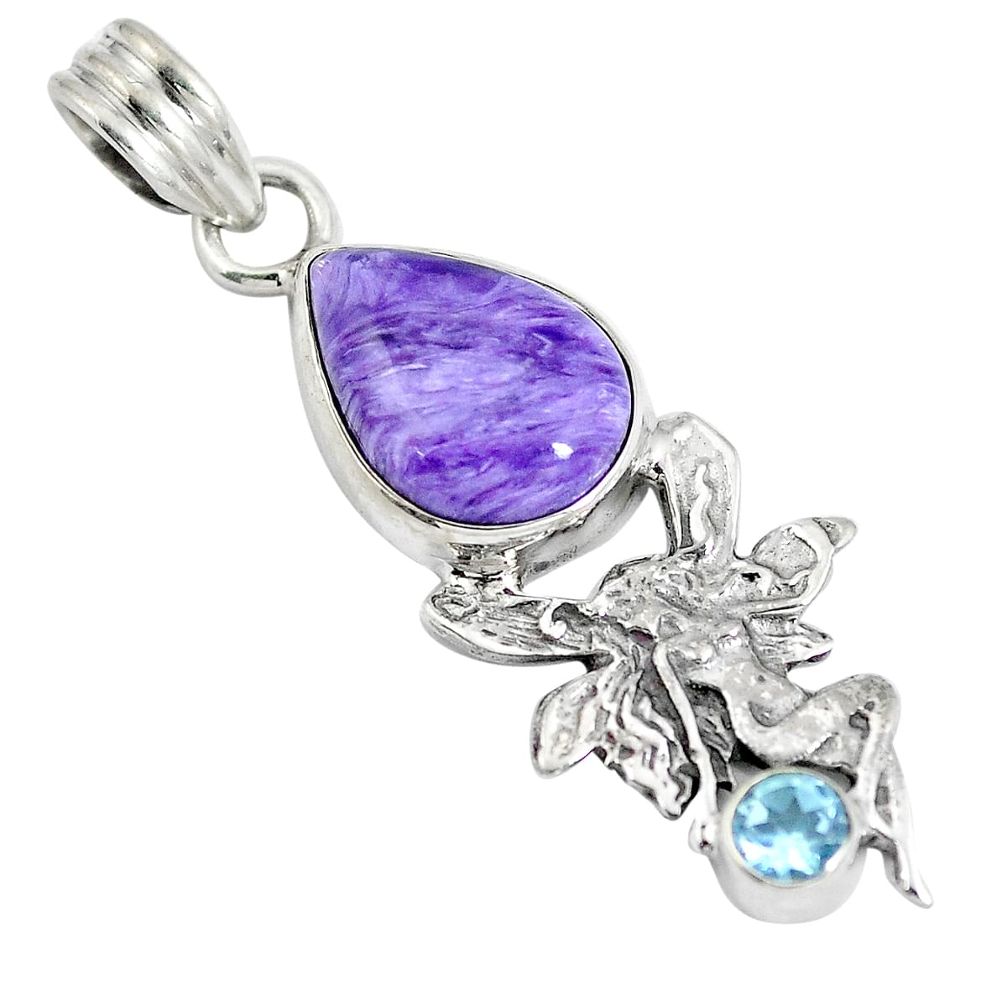 Natural purple charoite (siberian) 925 silver angel wings fairy pendant d28302