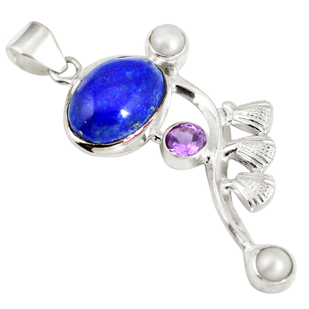 Natural blue lapis lazuli amethyst 925 sterling silver pendant d28307