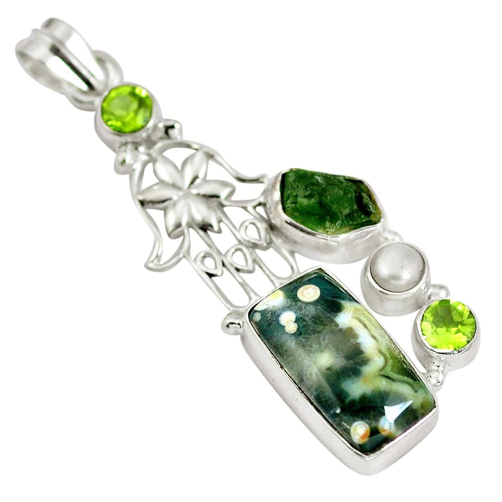 Green ocean sea jasper (madagascar) moldavite 925 silver pendant d28324