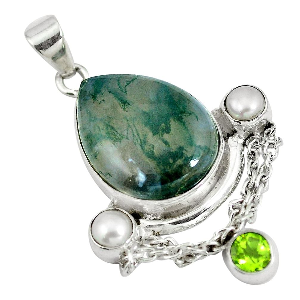 Natural green moss agate peridot 925 sterling silver pendant d28329