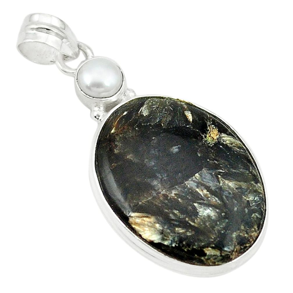 Natural black seraphinite (russian) white pearl 925 silver pendant d2834