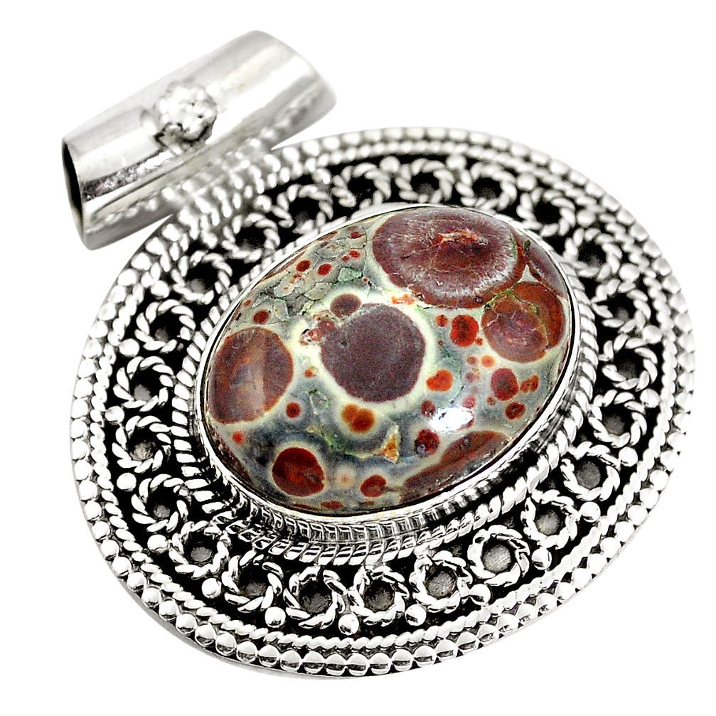 Natural brown snakeskin jasper 925 sterling silver pendant d28357