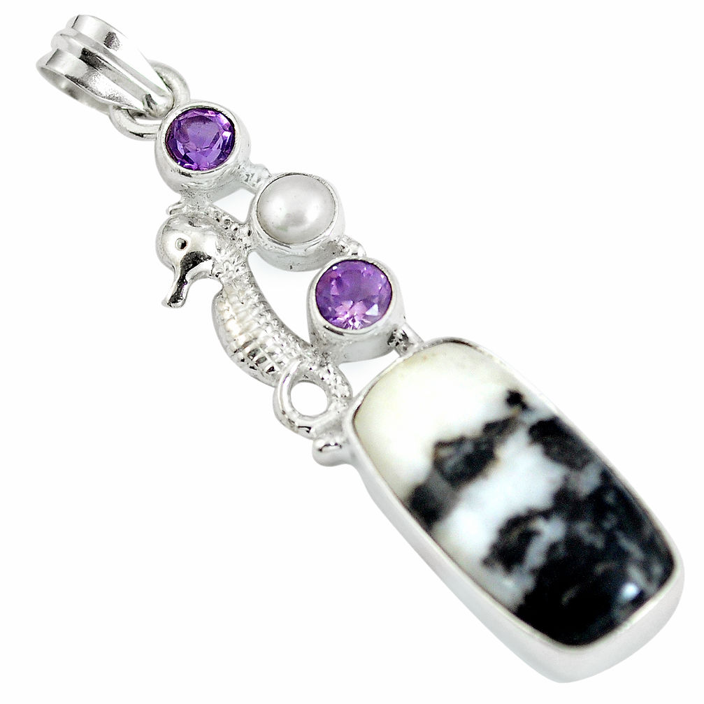 Natural white zebra jasper amethyst 925 silver seahorse pendant d28363