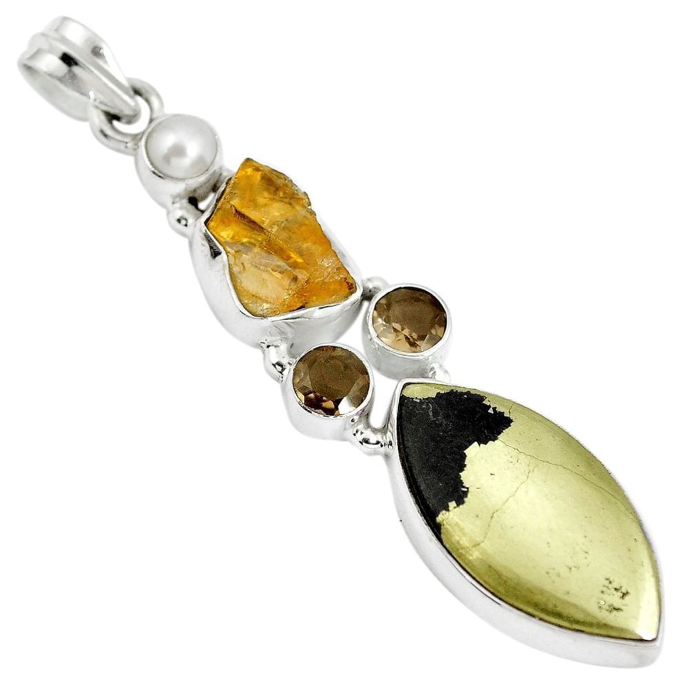 Natural golden pyrite in magnetite (healer's gold) 925 silver pendant d28372