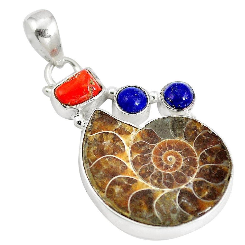 Natural brown ammonite fossil lapis lazuli 925 silver pendant jewelry d28389