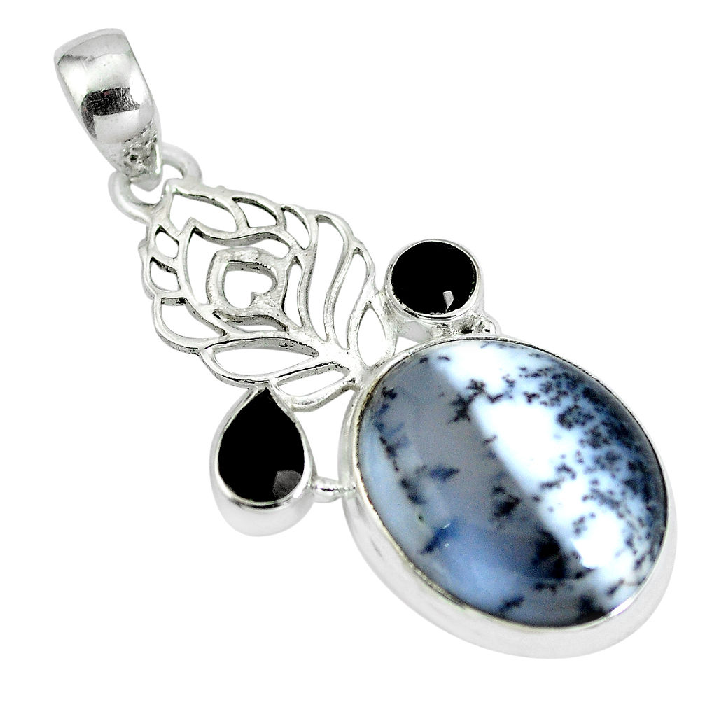 Natural white dendrite opal (merlinite) onyx 925 silver pendant d28403