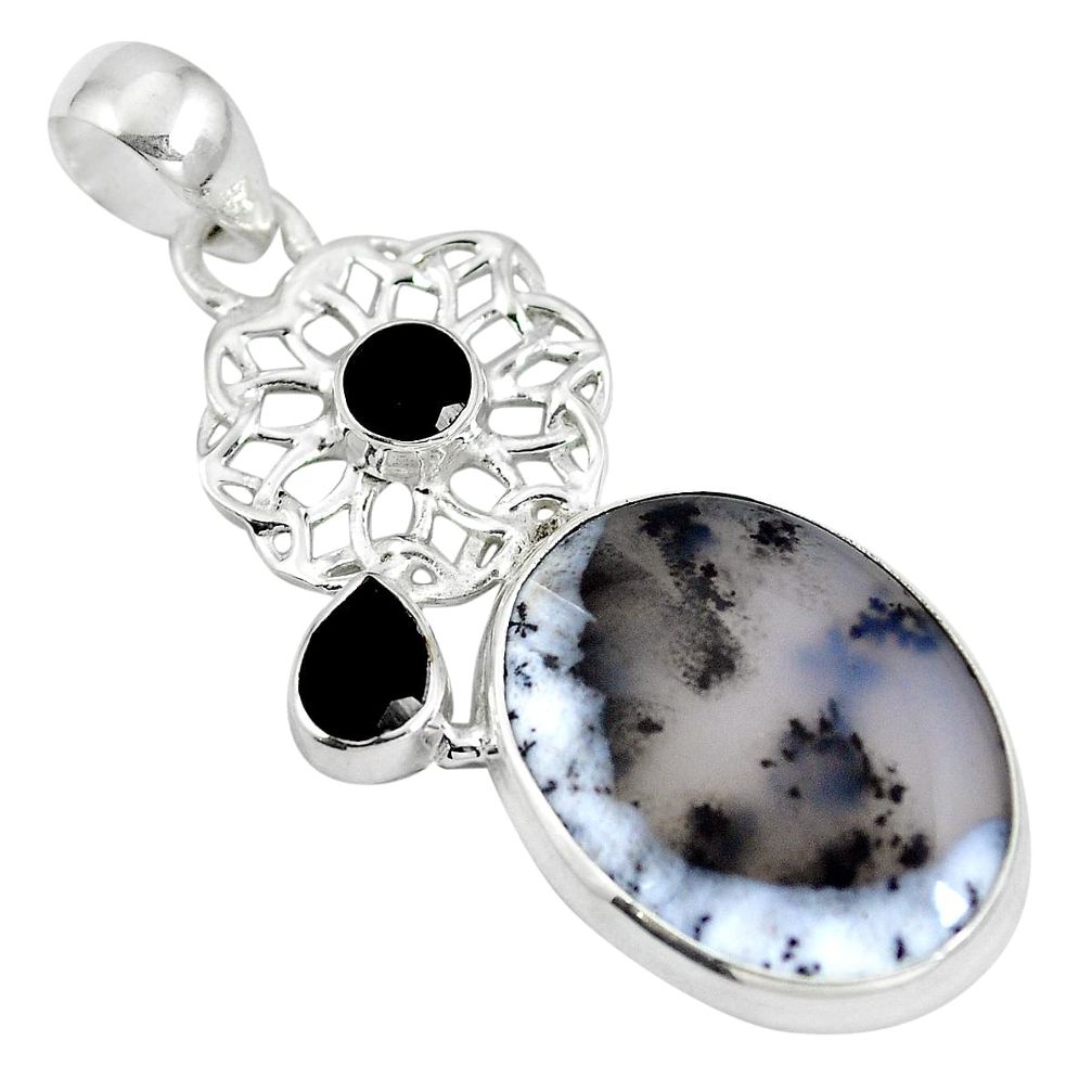 Natural white dendrite opal (merlinite) onyx 925 silver pendant d28404