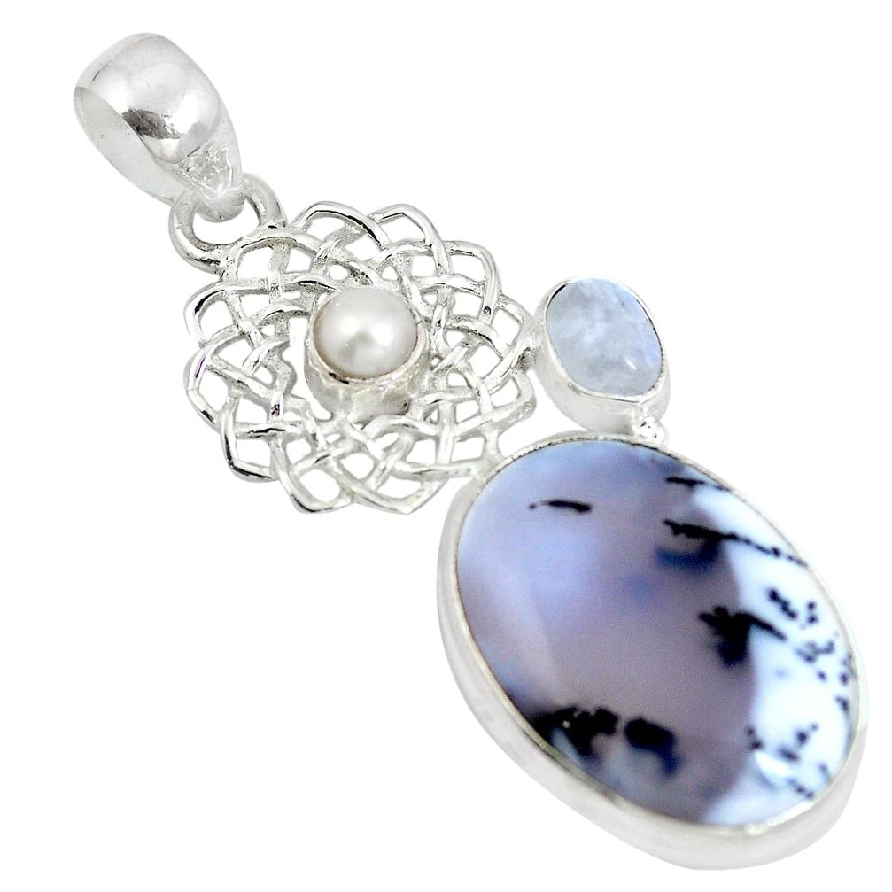 Natural white dendrite opal (merlinite) 925 silver pendant jewelry d28406