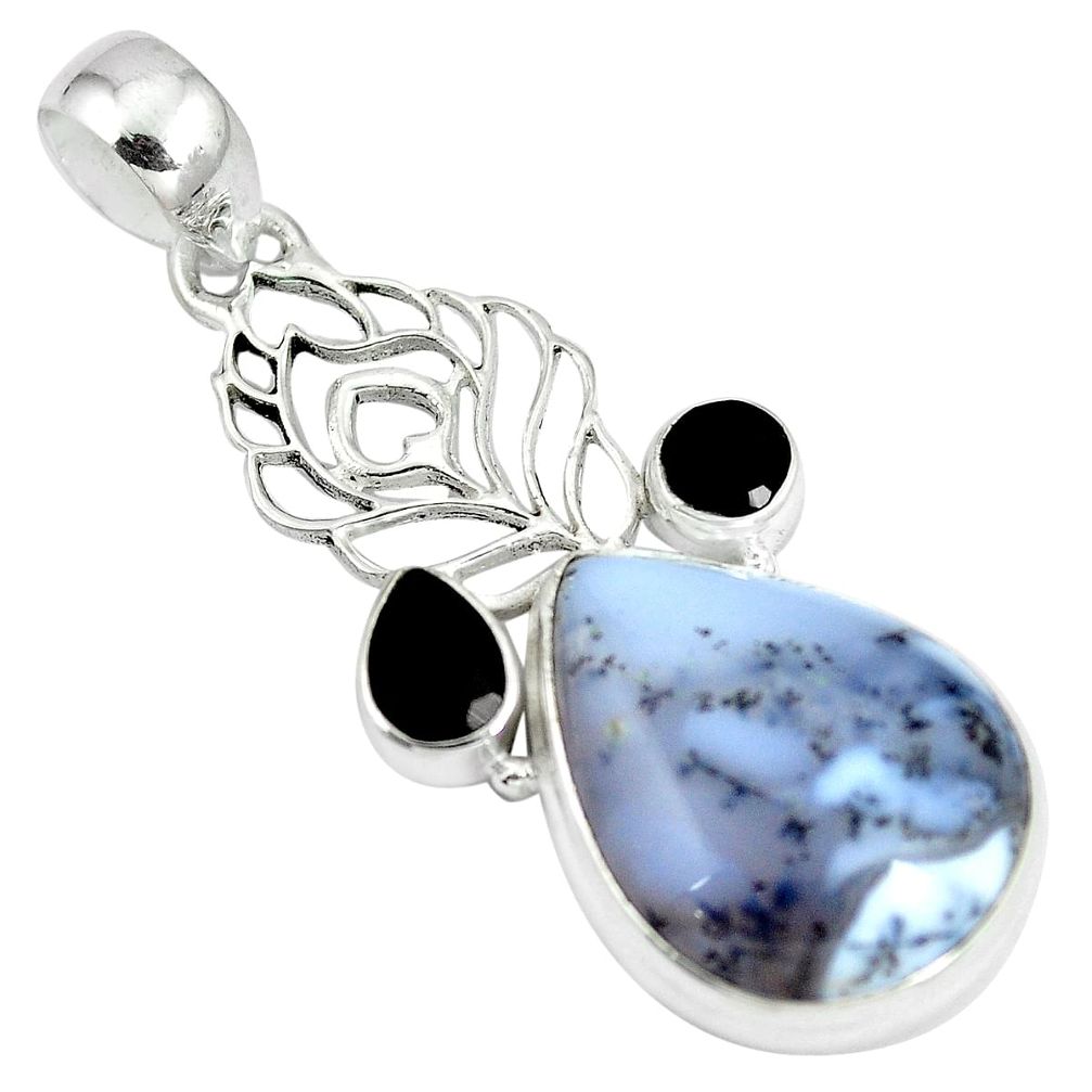 Natural white dendrite opal (merlinite) onyx 925 silver pendant d28407