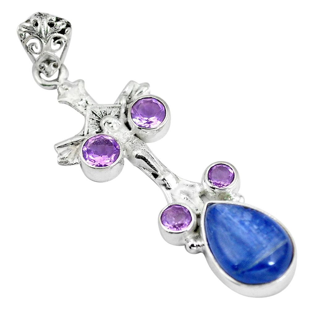Natural blue kyanite amethyst 925 silver holy cross pendant jewelry d28412