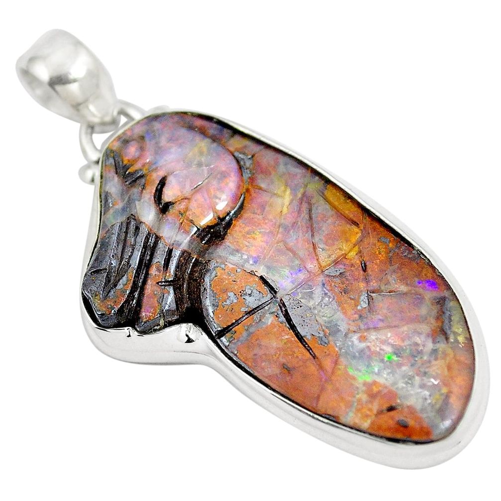 Natural brown boulder opal carving 925 sterling silver pendant d28441